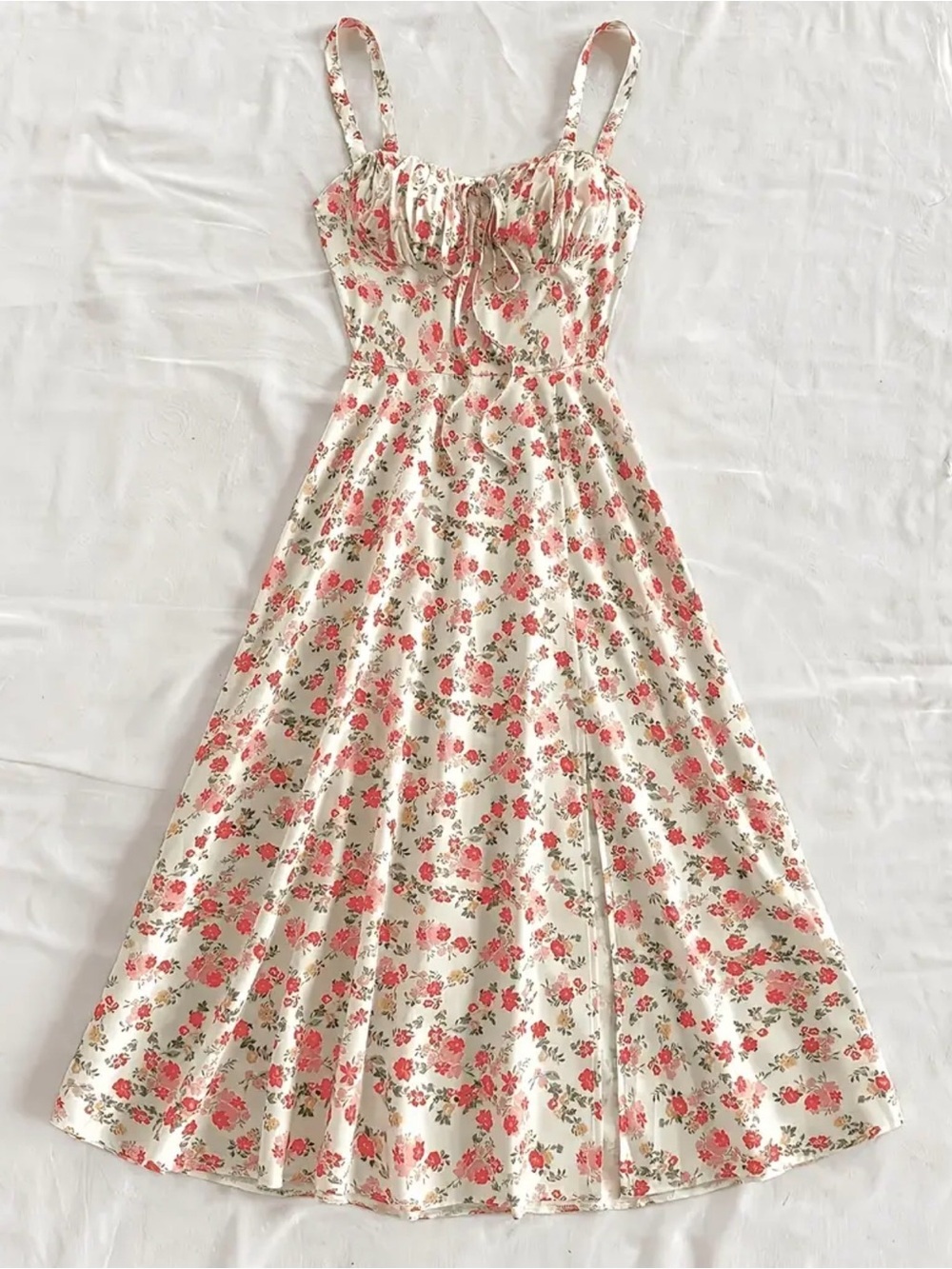 SHEIN Cream Midi Dress with Pink Floral Print